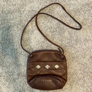 Fossil Pebbled Leather Crossbody Bag‎ Brown Embellished Adjustable Strap Small
